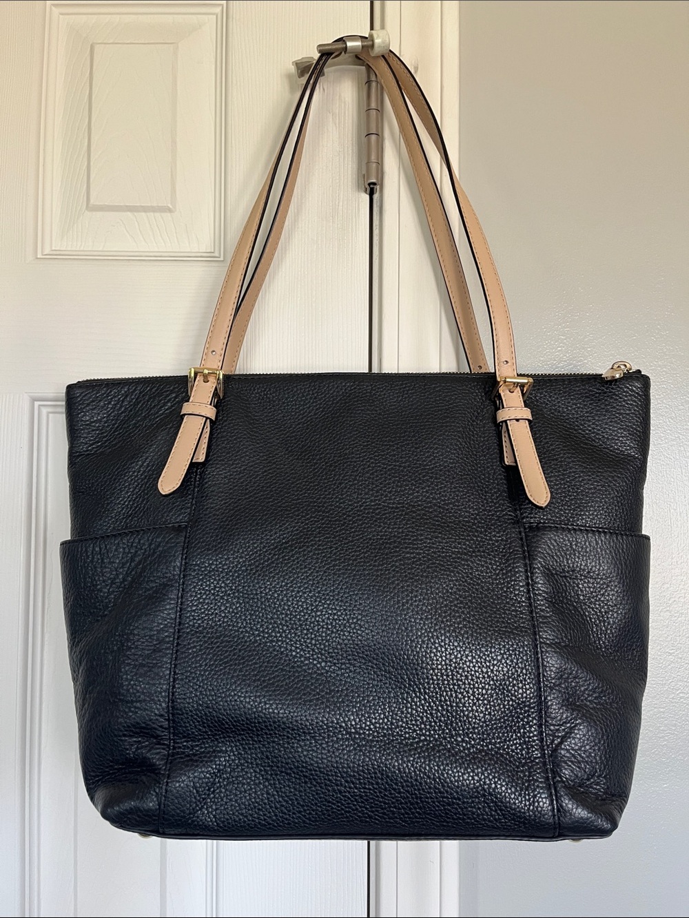 Michael Kors Jet Set Black Leather Tote with Tan Straps and Gold MK Charm - Picture 6 of 16